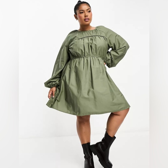 ASOS CURVE NWT Cotton Poplin Mini Dress Ruched Bust Olive Green Size 22 - Picture 1 of 12